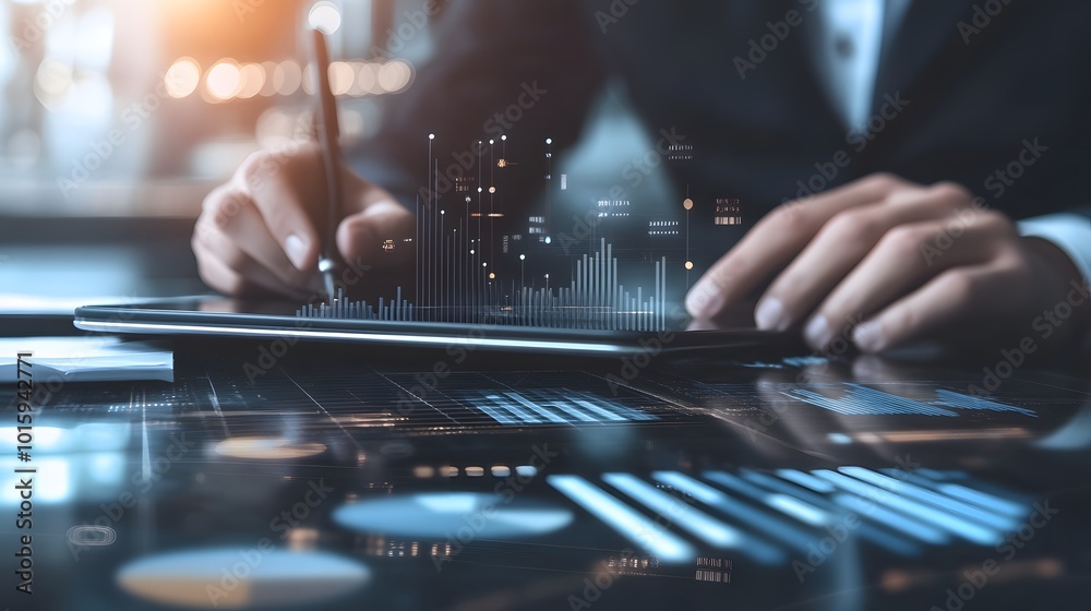 Businessman Analyzing Data on Tablet with Financial Charts and Graphs Businessman Analyzing Data on Tablet with Financial Charts and Graphs