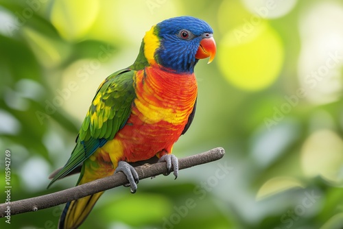 Colorful parrot is perched on a branch. The bird is green, red, and blue. Colorful Rainbow Lorikeet perched on a branch, showcasing vibrant plumage and natural beauty