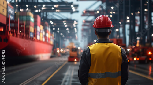 A cargo port worker in a helmet and vest overseeing the loading of a massive container ship, with cranes and cargo trucks moving goods in the background.