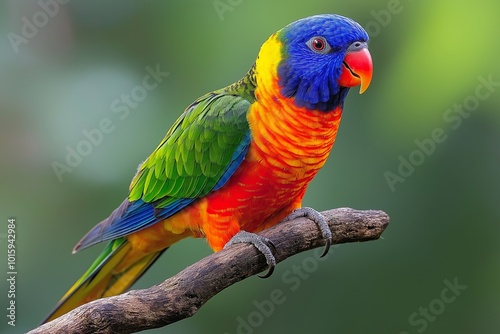 Colorful parrot is perched on a branch. The bird is green, red, and blue. Colorful Rainbow Lorikeet perched on a branch, showcasing vibrant plumage and natural beauty