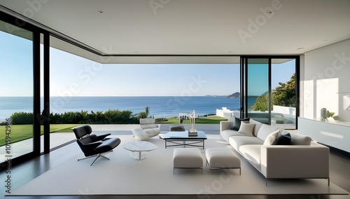 Modern coastal living at its finest. Expansive windows offer stunning ocean views, while sleek, minimalist furniture and decor create an elegant, high-end living room in this oceanfront property.