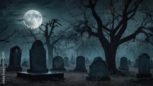halloween night scene with moon in the cemetery 