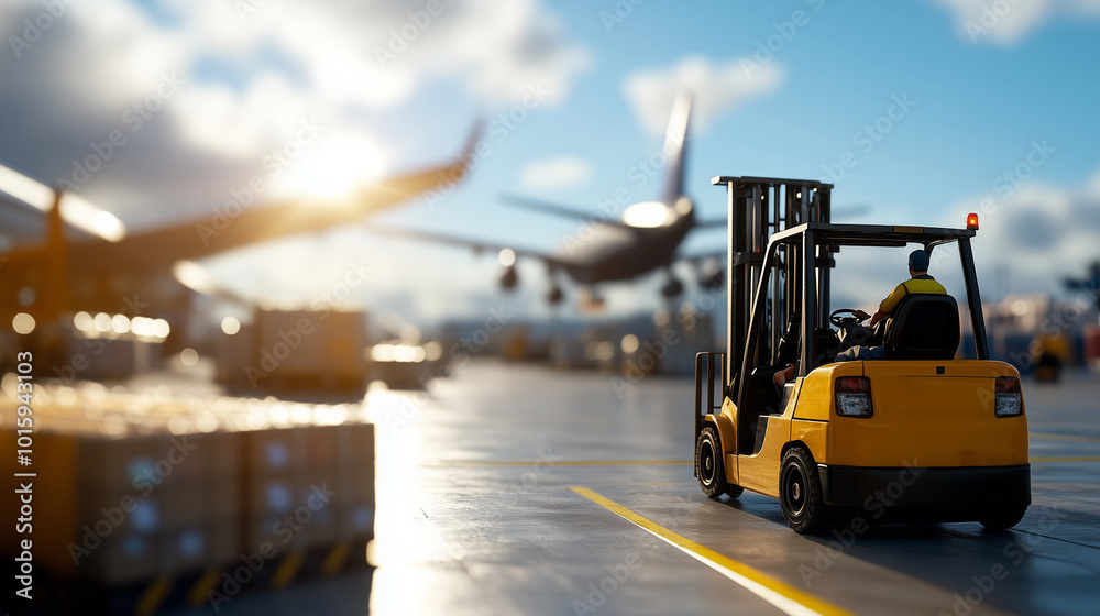 A bustling cargo airport, with workers directing forklifts and loading planes with international shipments on a bright, sunny day. A bustling cargo airport, with workers directing forklifts and loading planes with international shipments on a bright, sunny day.