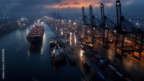 An aerial view of a cargo port at sunrise, with containers being loaded onto ships by cranes, while port workers coordinate the operation on the dockside. photo