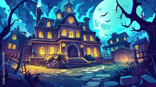 A Haunted Mansion with a Full Moon and Bats Flying Overhead photo