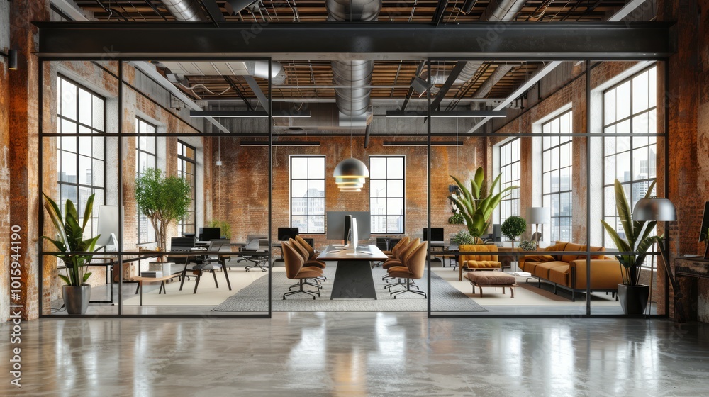 ภาพประกอบสต็อก Industrial office space with steel beams and exposed ...
