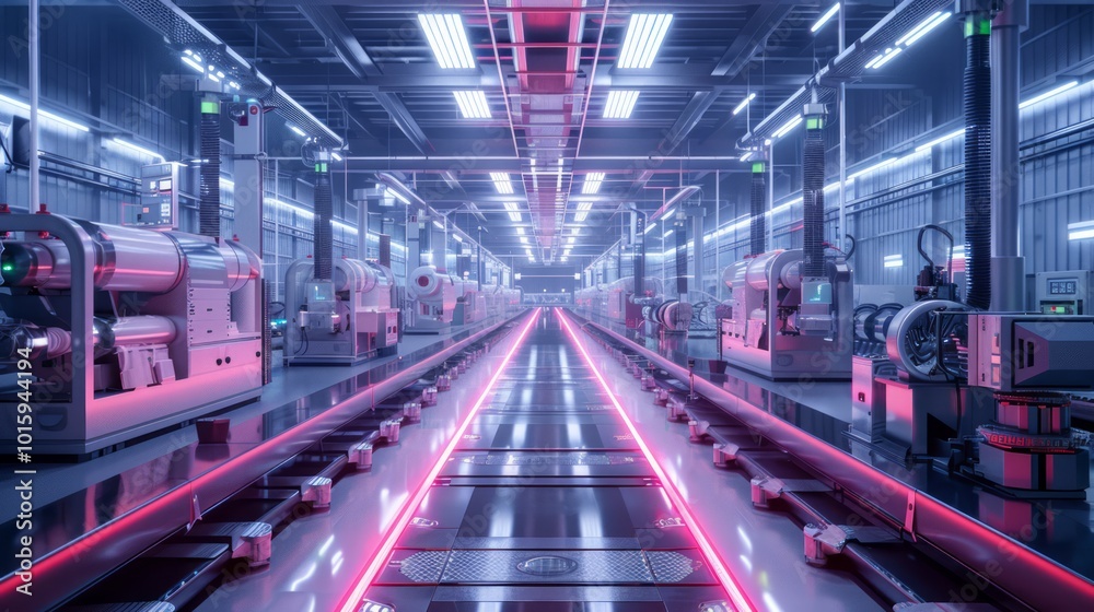 Fototapeta premium High-tech factory with AI-driven systems, IoT-enabled machinery, smart sensors optimizing production, futuristic industrial setting, advanced technology
