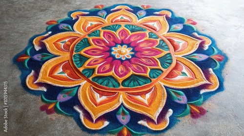 Intricate Rangoli art made from colorful powders, showcasing traditional Indian artistry, perfect for festive home decorations.