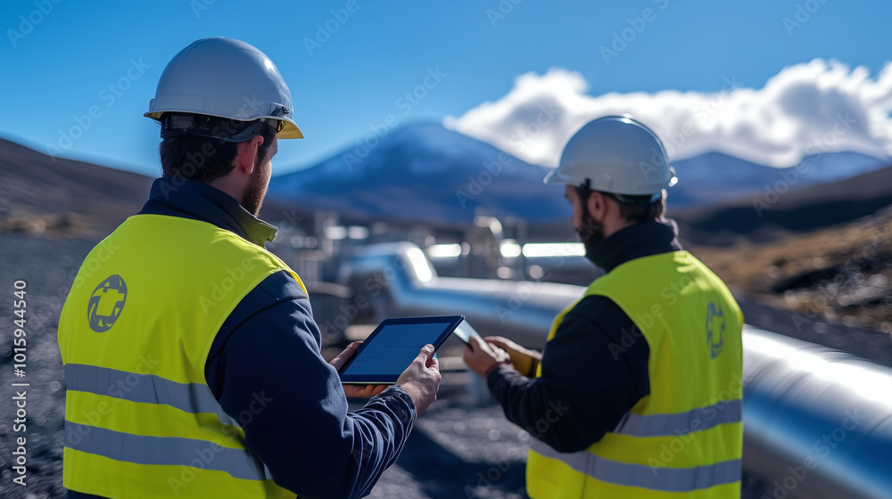 Workers at a geothermal power plant, with tablets in hand, standing near the large pipes and checking system performance under a clear blue sky. Workers at a geothermal power plant, with tablets in hand, standing near the large pipes and checking system performance under a clear blue sky.