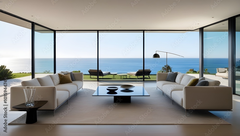 Fototapeta premium Modern luxury living room in an oceanfront home, featuring minimalist decor, designer furniture, and large glass windows framing a spectacular coastal view. Sleek, sophisticated, and contemporary.