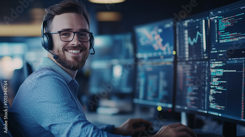 A confident customer service agent with neatly styled hair, wearing a crisp shirt and modern headset, sits at a sleek office desk. He's smiling brightly as he assists a client over