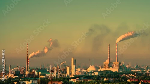 real shot of polluted exhaust gas emissions in industrial chemical factory area time-lapse huge polluting industry facility