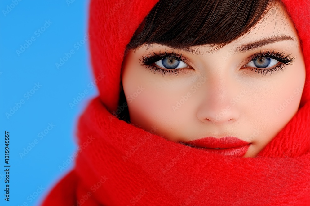 Woman wearing a red scarf and red lipstick. She has blue eyes. The scarf is wrapped around her head. over the shoulder high key lighting, red avant garde fashion photography, outside in snow Woman wearing a red scarf and red lipstick. She has blue eyes. The scarf is wrapped around her head. over the shoulder high key lighting, red avant garde fashion photography, outside in snow