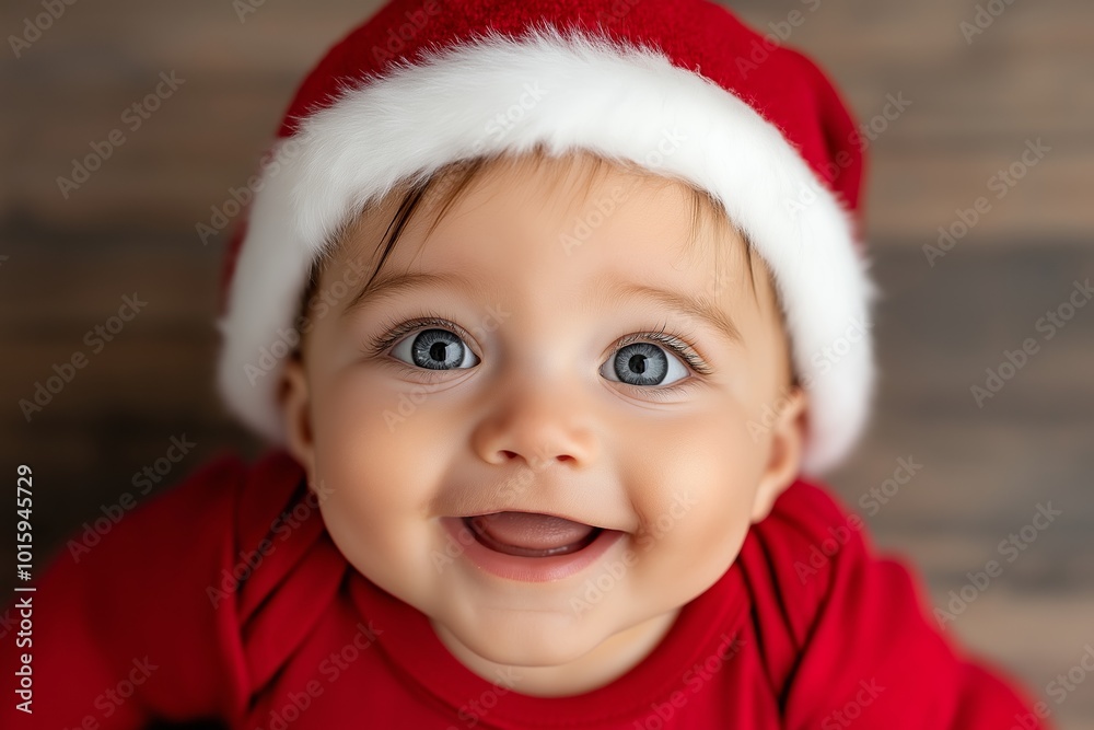 Baby wearing a red hat and a red shirt. The baby is smiling. The hat is white. Baby boy wearing a Christmas hat and Christmas gown, happ Baby wearing a red hat and a red shirt. The baby is smiling. The hat is white. Baby boy wearing a Christmas hat and Christmas gown, happ