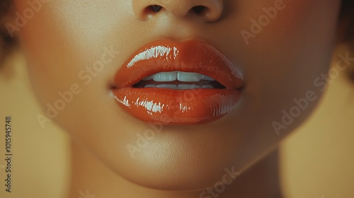 Close-up of glossy red lips.