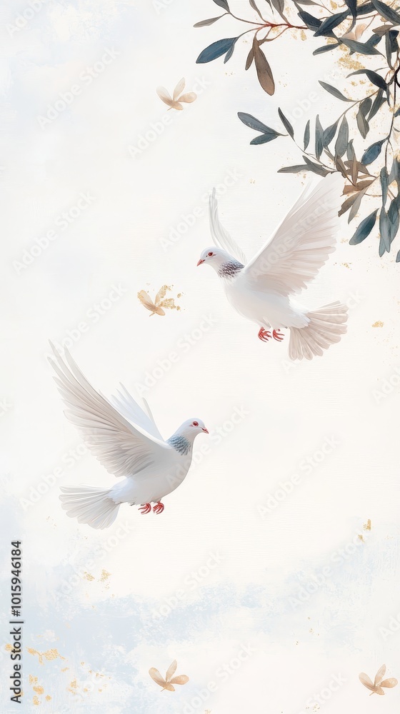 Obraz premium Design a serene and uplifting background for the International Day of Peace, showcasing peaceful doves, olive branches, and soft, harmonious colors, with plenty of space for messages 