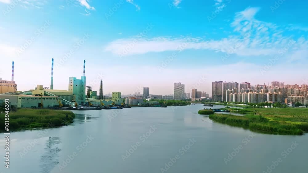 A green river flowing through a heavily industrialized city, with factories and bridges towering over the water.