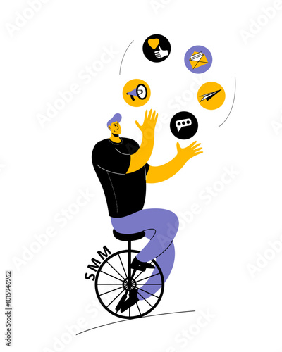 A man in casual clothes rides a unicycle and juggles social media marketing tools. Modern style illustration on the topic of attracting attention in social networks. SMM manager.