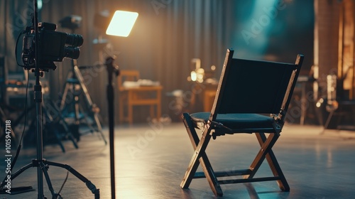 Modern studio environment with a chair, camera, and lighting equipment, ready for filming or photography.