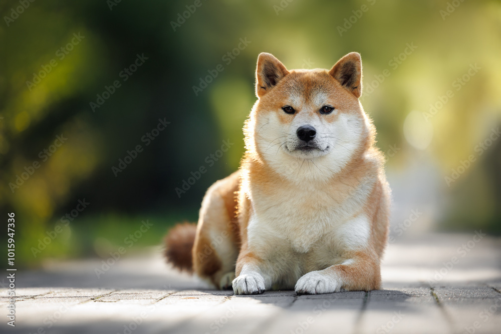 shiba inu dog lying on a sidewalk in the park shiba inu dog lying on a sidewalk in the park