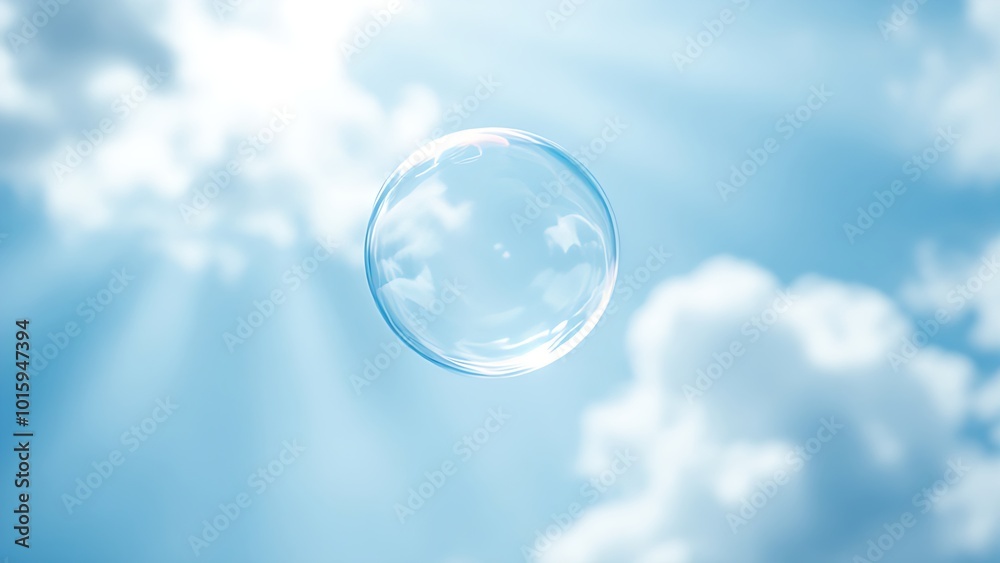 A single soap bubble floating in the sky with clouds and sun rays in the background. A single soap bubble floating in the sky with clouds and sun rays in the background.