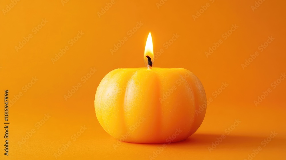 Pumpkin shaped yellow wax candle on orange background Pumpkin shaped yellow wax candle on orange background