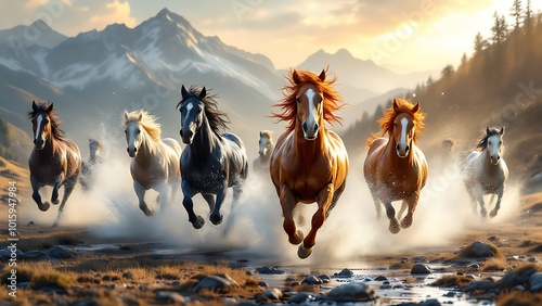 A herd of horses galloping through a shallow stream with mountains in the background