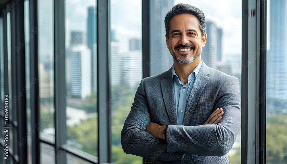 Portrait of a smiling man in a suit, standing in front of a window with a city view Portrait of a smiling man in a suit, standing in front of a window with a city view
