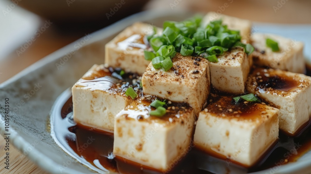 Organic tofu cubes served with soy sauce and spices, emphasizing its versatility as a healthy meal ingredient. Organic tofu cubes served with soy sauce and spices, emphasizing its versatility as a healthy meal ingredient.