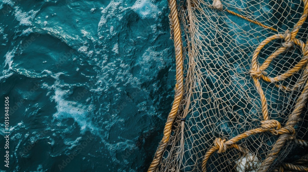 Overhead view of a fishing net with ropes, illustrating a traditional tool used to catch seafood in the ocean. Overhead view of a fishing net with ropes, illustrating a traditional tool used to catch seafood in the ocean.