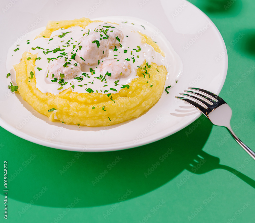 Creamy chicken meatballs served on bed of mashed potatoes garnished with parsley Creamy chicken meatballs served on bed of mashed potatoes garnished with parsley