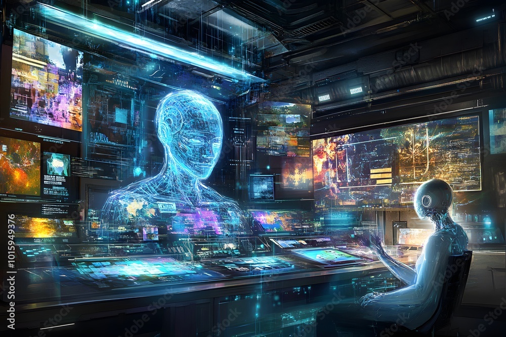 Futuristic Cybernetic Human Interface with Holographic Screens Futuristic Cybernetic Human Interface with Holographic Screens