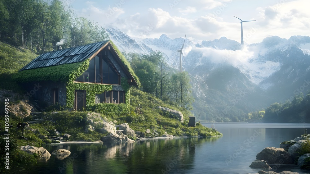Fototapeta premium The beauty of sustainable living in a powerful. Concept for Eco-friendly practices Ecology, renewable energy sources, and environmentally conscious lifestyles. 