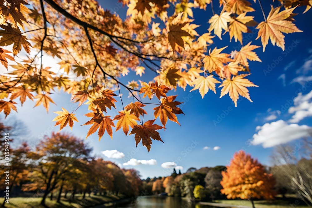 Naklejka premium Orange fall leaves in park, autumn natural background