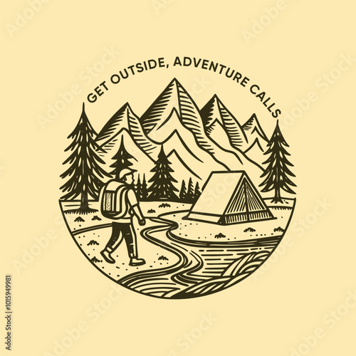 mountain outdoors vector illustration, Get outside, adventure calls, outdoors t shirt design. Adventure vector artwork print design for t shirt and others