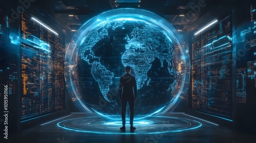 Man in a futuristic room with a holographic Earth globe