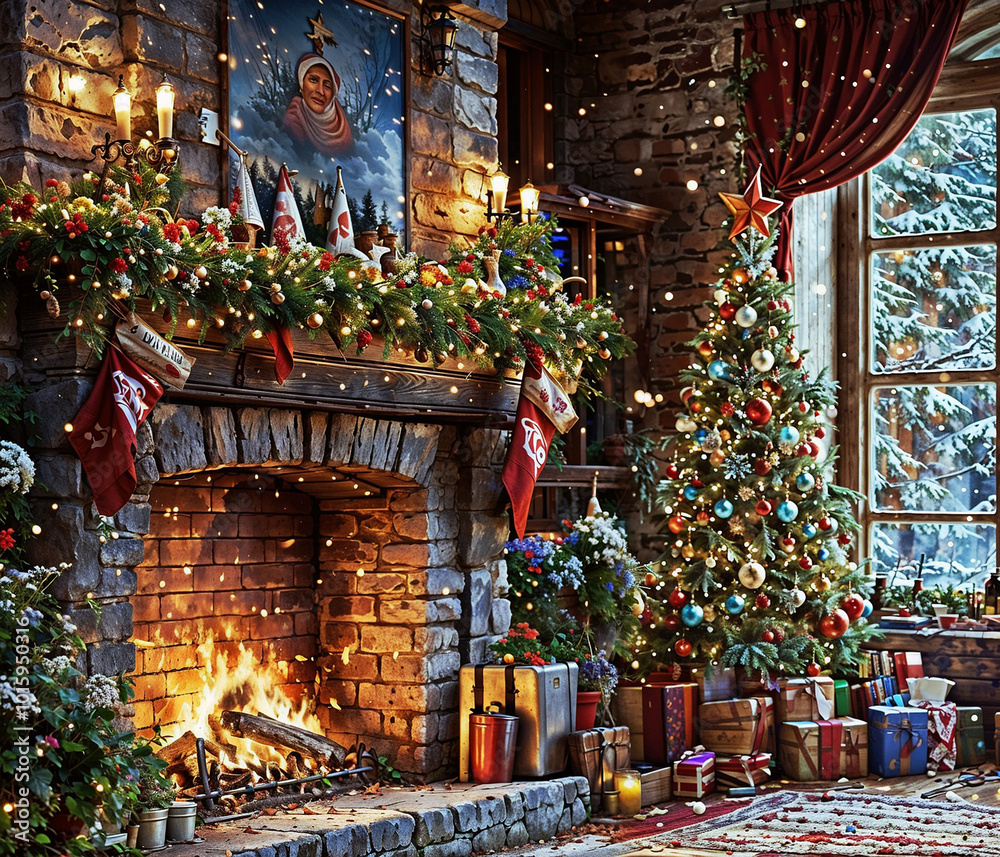 Christmas living room with fireplace, Christmas tree and gifts. Christmas background