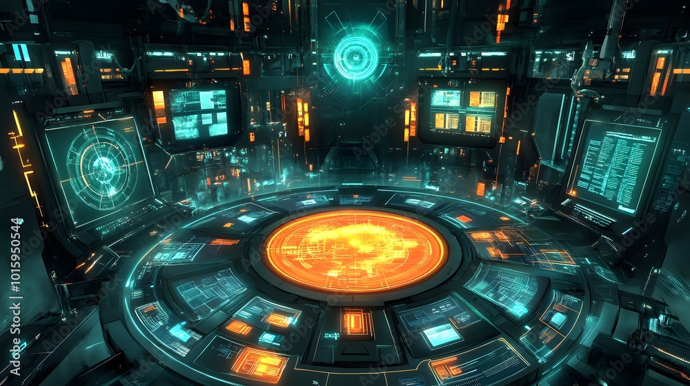 Futuristic Control Room with Holographic Interface and Digital Displays Futuristic Control Room with Holographic Interface and Digital Displays