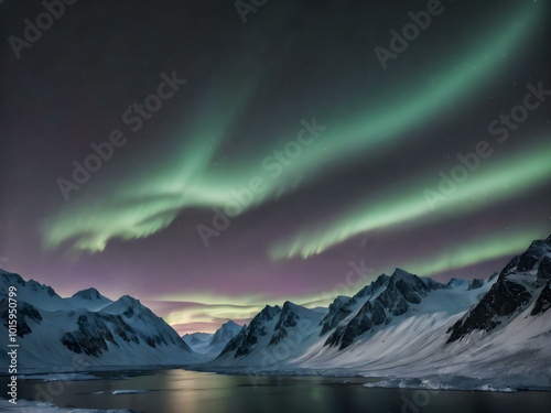 A long-exposure night sky in the Arctic, filled with stars and faint green auroras, with snow-capped mountains in the foreground 