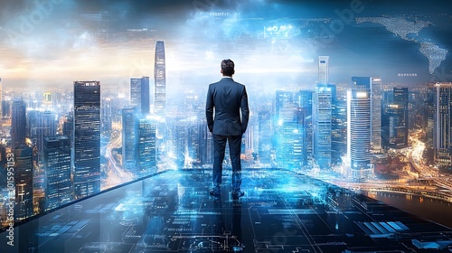 Businessman Standing on Rooftop with Cityscape and Digital Interface