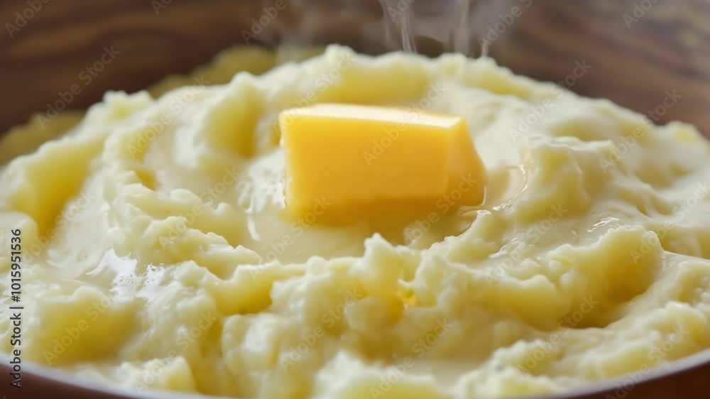 Rotating bowl of mashed potatoes topped with a pat of melting butter Rotating bowl of mashed potatoes topped with a pat of melting butter