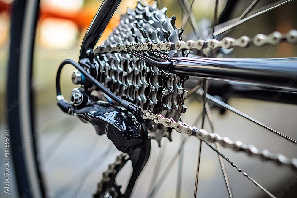 Fototapeta premium Close-up of the rear wheel and chain on a bicycle