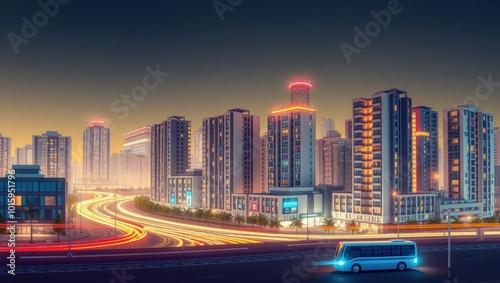 Modern Cityscape at Night with Traffic Lights and Bus