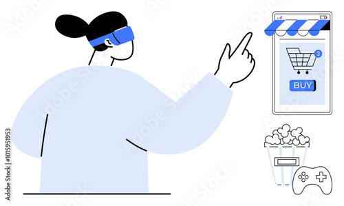 A person wearing a VR headset interacts with an online store on a device screen. Also visible are a bucket of popcorn and a game controller. Ideal for gaming, VR, online shopping, entertainment