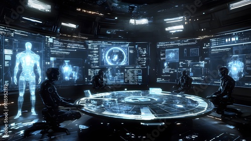 Futuristic Control Room with Holographic Interface and Scientists