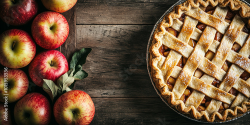 A rustic scene featuring fresh apples and a golden apple pie with a lattice crust on a wooden table, evoking warm, homemade, autumn desserts. photo