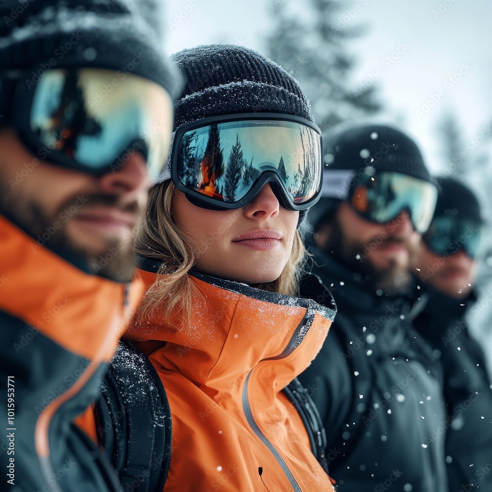 A group of snowboarders, focused and ready, line up against a frosty backdrop, showcasing teamwork, determination, and winter adventure spirit. A group of snowboarders, focused and ready, line up against a frosty backdrop, showcasing teamwork, determination, and winter adventure spirit.