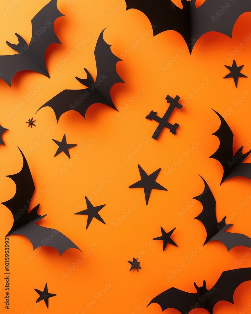 Halloween decoration with paper cut bats stars and crosses on orange background Halloween decoration with paper cut bats stars and crosses on orange background