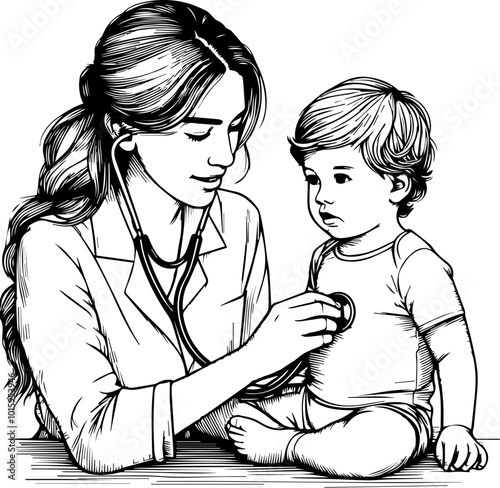 Young female doctor examining a child patient by stethoscope. Health care concept.