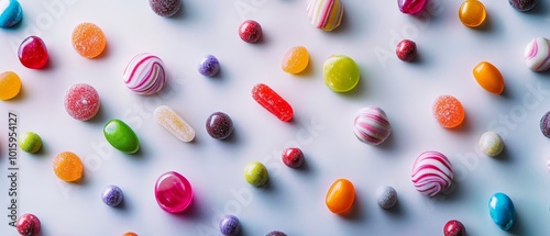 Indulge in National Candy Day with a delightful array of colorful candies spread out in an artistic display, highlighting their vibrant hues and enticing textures against a clean, neutral background 